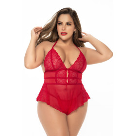 Body rouge grande taille effet babydoll et string assorti - MAL7445XRED Body rouge grande taille effet babydoll et string assorti - MAL7445XRED