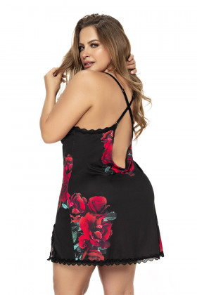 Nuisette noire grande taille motif fleuri et string assorti - MAL7438XBLF