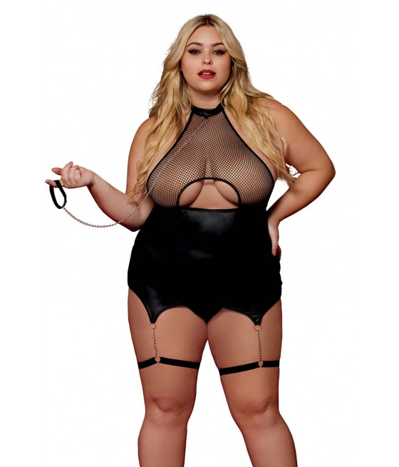 Body BDSM noir, grande taille, en maille avec corset / porte-jarretelles, simili cuir, intégré - DG13295XBLK