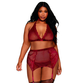 Ensemble 4 pièces grande taille soutien gorge, tour de cou, string et porte jarretelles rouge - DG11776XGAR Ensemble 4 pièces grande taille soutien gorge, tour de cou, string et porte jarretelles rouge - DG11776XGAR