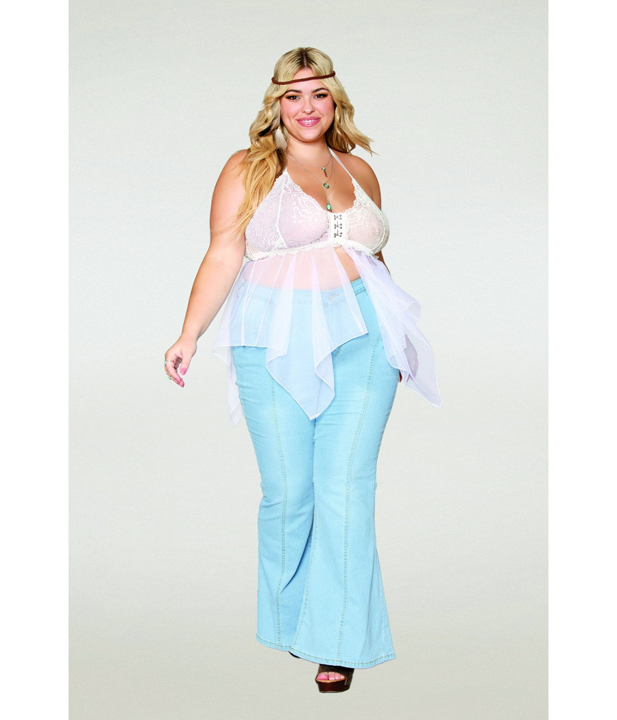 Babydoll et string grande taille en résille et dentelle blanche - DG13314WHT