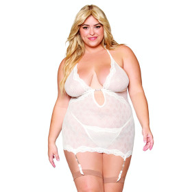 Guépière porte jarretelles blanche grande taille avec strass et string inclus - DG13313XWHT Guépière porte jarretelles blanche grande taille avec strass et string inclus - DG13313XWHT