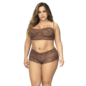 Ensemble 2 pièces en dentelle grande taille, top à bretelles et shorty couleur cacao - MAL206XCOCO Ensemble 2 pièces en dentelle grande taille, top à bretelles et shorty couleur cacao - MAL206XCOCO