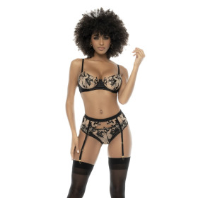 Ensemble 3 pièces noir et chair Kyra, avec dentelle brodée, soutien gorge à armatures, porte jarretelle et culotte -... Ensemble 3 pièces noir et chair Kyra, avec dentelle brodée, soutien gorge à armatures, porte jarretelle et culotte -...