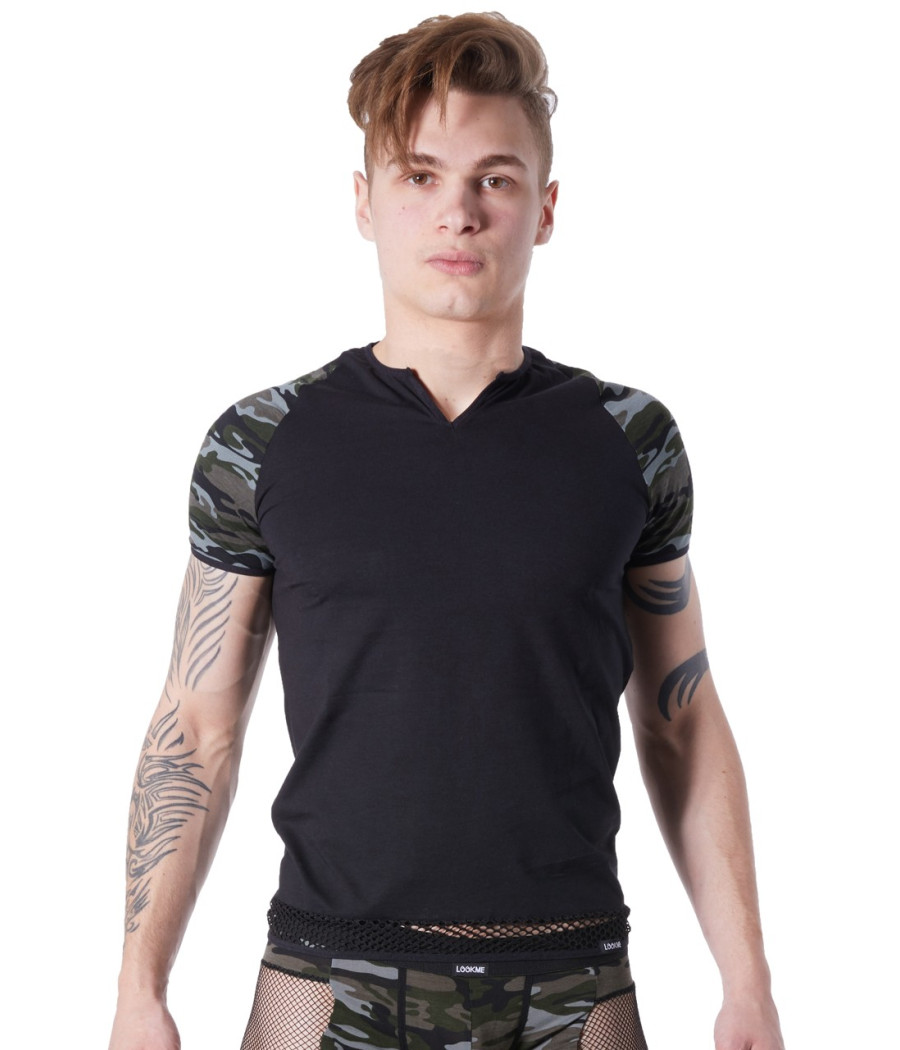 T-shirt noir sexy armée déco camouflage sur les manches et col rond ouvert - LM814-81BLK