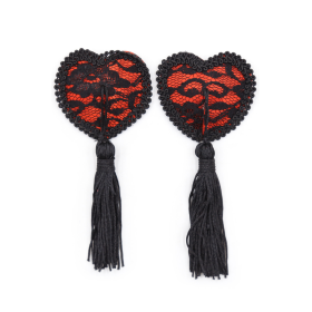 Paire de cache tétons adhésifs en forme de cœur avec dentelle noire et pompom - NP-0077 Paire de cache tétons adhésifs en forme de cœur avec dentelle noire et pompom - NP-0077