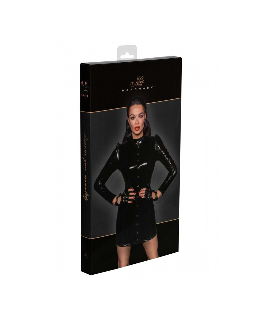 F246 Short PVC dress fastened in the front with gold clasps