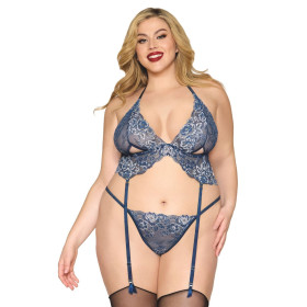 Soutien porte jarretelles grande taille et string en dentelle florale bleue - DG13522XBLU Soutien porte jarretelles grande taille et string en dentelle florale bleue - DG13522XBLU