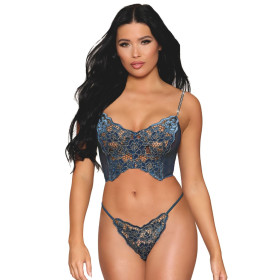 Bustier dentelle florale et résille avec strass et string assorti - DG13492BLU Bustier dentelle florale et résille avec strass et string assorti - DG13492BLU