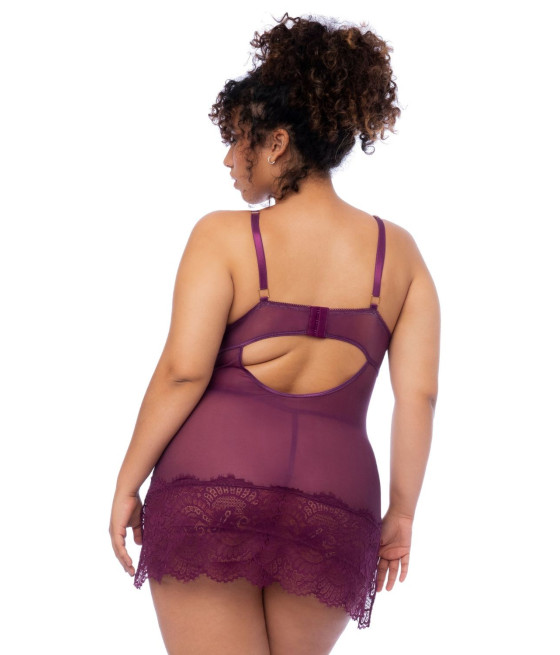 Nuisette en dentelle grande taille bordeaux et string assorti - MAL7554XWINE