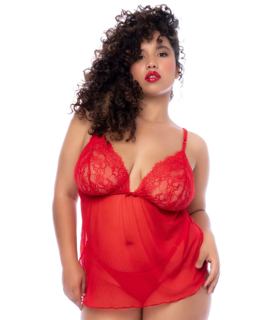 Nuisette courte grande taille rouge et string - MAL7562XRD