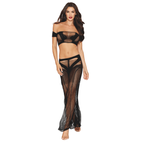 Ensemble 2 pièces top et jupe résille noire - DG0527BLK Ensemble 2 pièces top et jupe résille noire - DG0527BLK