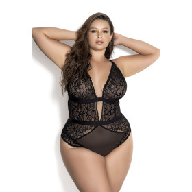 Body noir grande taille en dentelle et résille - MAL8654XBLK Body noir grande taille en dentelle et résille - MAL8654XBLK