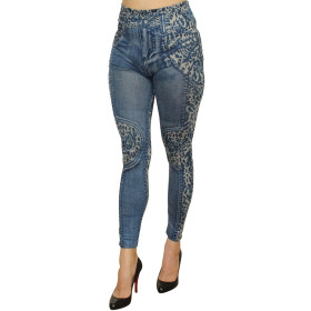 Legging bleu effet jean délavé imprimé léopard - FD1017 Legging bleu effet jean délavé imprimé léopard - FD1017
