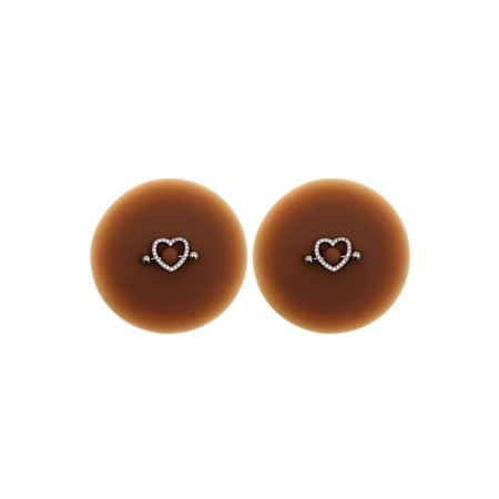 Paire de cache-tétons piercing barre coeur faux diamant peau foncée - XP004F