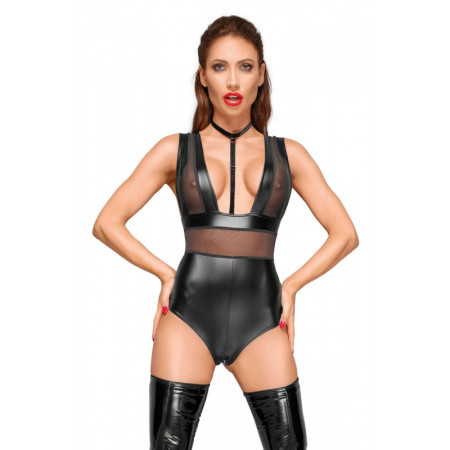 F183 Powerwetlook body avec larges bretelles, empiècements en tulle et tour de cou en velours