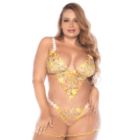 Nuisette grande taille transparente brodée jaune et string - MAL7608XSUBS Nuisette grande taille transparente brodée jaune et string - MAL7608XSUBS