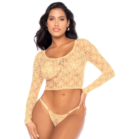 Ensemble 2 pièces en dentelle jaune pastel, crop top et string - MAL8918LYLW Ensemble 2 pièces en dentelle jaune pastel, crop top et string - MAL8918LYLW