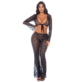 Top et pantalon en dentelle florale noire - MAL1915BLK Top et pantalon en dentelle florale noire - MAL1915BLK