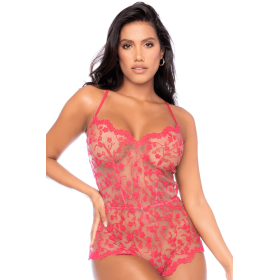 Combishort en dentelle transparente couleur cerise - MAL7543CHRY Combishort en dentelle transparente couleur cerise - MAL7543CHRY