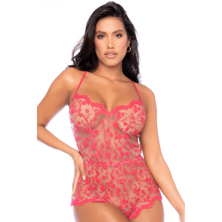 Combishort en dentelle transparente couleur cerise - MAL7543CHRY