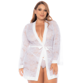 Peignoir grande taille en dentelle blanche - MAL7611XWHT Peignoir grande taille en dentelle blanche - MAL7611XWHT