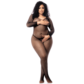 Combinaison grande taille manches longues en résille noire - MAL1102XBLK Combinaison grande taille manches longues en résille noire - MAL1102XBLK