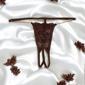 String en dentelle marron ouvert avec chaînes dorées - PA01MBRW String en dentelle marron ouvert avec chaînes dorées - PA01MBRW