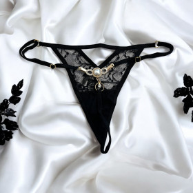 String noir avec bijou perle  strass dorés - PA06MBLK String noir avec bijou perle  strass dorés - PA06MBLK