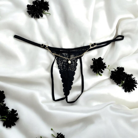 String noir en dentelle avec bijou et chaîne dorée - PM06G-BBLK