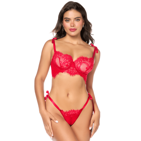 Ensemble sexy 2 pièces en dentelle avec bretelles et string à nouer Mapalé - MAL8968RED
