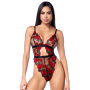 Teddy sexy taille haute en résille transparente avec broderie de roses Mapalé - MAL8961BKRD