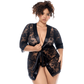 Peignoir sexy grande taille en dentelle avec bordures satin et string assorti Mapalé - MAL7618XBLK Peignoir sexy grande taille en dentelle avec bordures satin et string assorti Mapalé - MAL7618XBLK