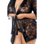 Peignoir sexy grande taille en dentelle avec bordures satin et string assorti Mapalé - MAL7618XBLK