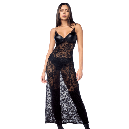 Robe longue sexy en dentelle avec bonnets effet cuir, string et porte-jarretelles Mapalé - MAL7616BLK