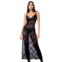 Robe longue sexy en dentelle avec bonnets effet cuir, string et porte-jarretelles Mapalé - MAL7616BLK