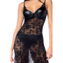 Robe longue sexy en dentelle avec bonnets effet cuir, string et porte-jarretelles Mapalé - MAL7616BLK