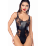 Body sexy en dentelle transparente et similicuir contrasté Mapalé - MAL2805BLK