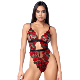 Teddy sexy taille haute en résille transparente avec broderie de roses Mapalé - MAL8961BKRD Teddy sexy taille haute en résille transparente avec broderie de roses Mapalé - MAL8961BKRD