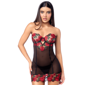 Babydoll sexy à armatures avec broderie de roses et dos lacé Mapalé - MAL7619BKRD Babydoll sexy à armatures avec broderie de roses et dos lacé Mapalé - MAL7619BKRD