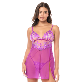 Babydoll sexy en résille transparente avec broderie florale et string Mapalé - MAL7614AZAL Babydoll sexy en résille transparente avec broderie florale et string Mapalé - MAL7614AZAL
