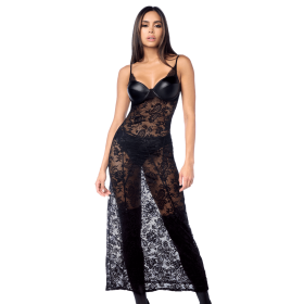 Robe longue sexy en dentelle avec bonnets effet cuir, string et porte-jarretelles Mapalé - MAL7616BLK Robe longue sexy en dentelle avec bonnets effet cuir, string et porte-jarretelles Mapalé - MAL7616BLK