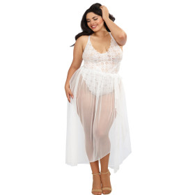 Body string grande taille blanc échancré dentelle avec jupe de maille transparente amovible - DG10996XWHT Body string grande taille blanc échancré dentelle avec jupe de maille transparente amovible - DG10996XWHT