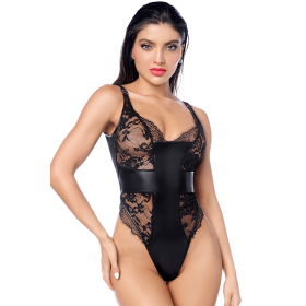 Body sexy en dentelle transparente et similicuir contrasté Mapalé - MAL2805BLK Body sexy en dentelle transparente et similicuir contrasté Mapalé - MAL2805BLK
