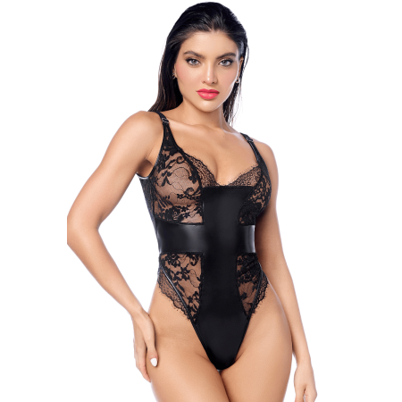 Body sexy en dentelle transparente et similicuir contrasté Mapalé - MAL2805BLK