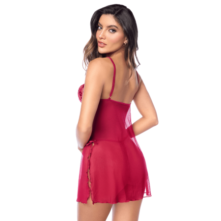 Babydoll sexy en résille transparente avec broderies et string Mapalé - MAL7620RED