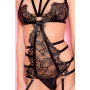 Body noir fétichiste dentelle à cils et lanières avec anneaux métal 