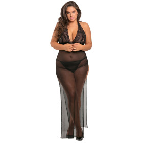 Nuisette longue grande taille fendue transparente 