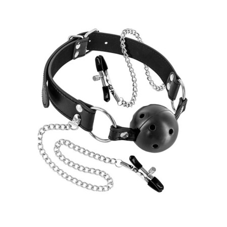 Baillon boule à trous avec pinces à seins 