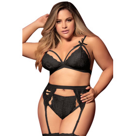 Ensemble 3 pièces noir grande taille  soutien-gorge string porte-jarretelles 